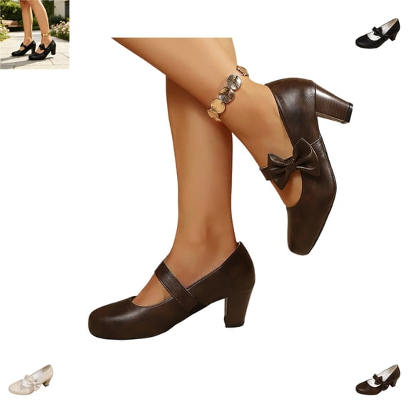 YOUYEDIAN Mary Jane Shoes Women Fashion Mid Block Heel Bowtie Deco Versatile Pointed Toe Comfy Shoes Casual Outdoor Slip On Walking Dress Shoes