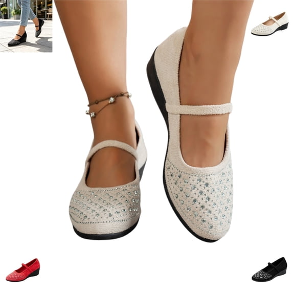YOUYEDIAN Mary Jane Shoes Women Fashion Wedge Heel Slip On Versatile Rhinestone Deco Round Toe Comfy Shoes Casual One Strap Outdoor Walking Dress Shoes