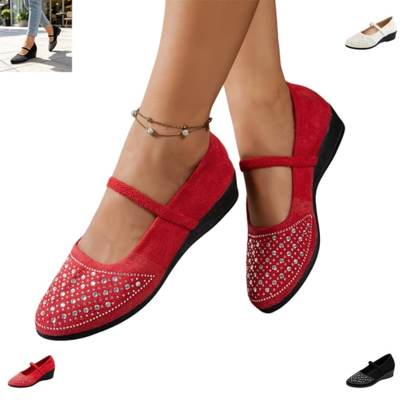 YOUYEDIAN Mary Jane Shoes Women Fashion Wedge Heel Slip On Versatile Rhinestone Deco Round Toe Comfy Shoes Casual One Strap Outdoor Walking Dress Shoes
