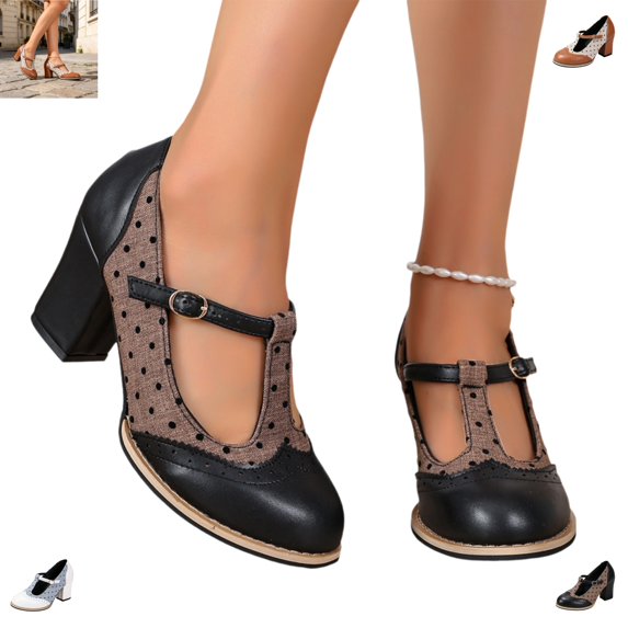 YOUYEDIAN Mary Jane Shoes Women High Block Heel Fashion Round Toe Casual Slip On Belt Comfy Flats Versatile Polka Dot Outdoor Dress Shoes