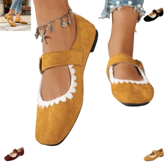 YOUYEDIAN Mary Jane Shoes Women Versatile Slip On Square Toe Comfy Low Heel Flats Lace Deco Casual Fashion Dress Shoes