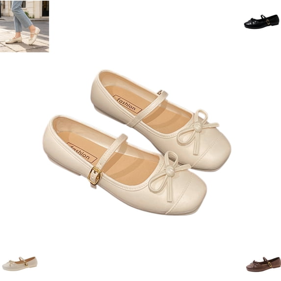 YOUYEDIAN Mary Jane Shoes Women Vesatile Bowtie Deco Comfy Casual Slip On Low Heel Flats Square Toe Fashion Dress Shoes