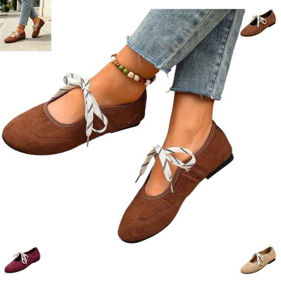 YOUYEDIAN Mary Jane Shoes Women Vintage Pointed Toe Comfy Slip On Fashion Lace-up Low Heel Flats Versatile Soft Outdoor Casual Walking Shoes