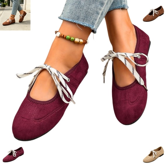 YOUYEDIAN Mary Jane Shoes Women Vintage Pointed Toe Comfy Slip On Fashion Lace-up Low Heel Flats Versatile Soft Outdoor Casual Walking Shoes