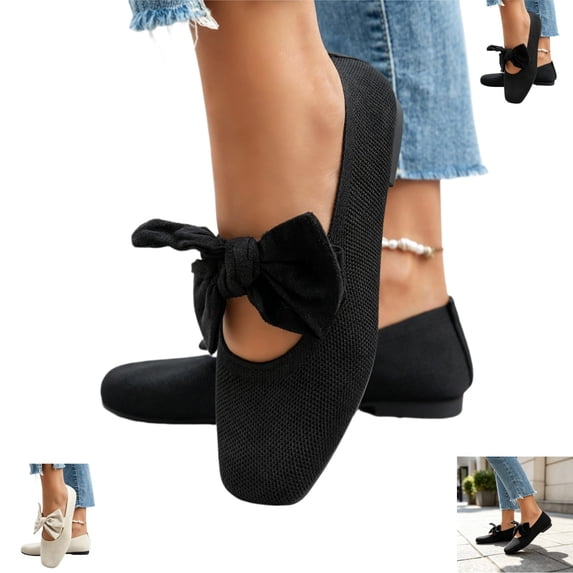YOUYEDIAN Mary Jane Shoes Womens Breathable Knitted Square Toe Comfy Casual Flats Fashion Dressy with Bow Design Ballet Shoes