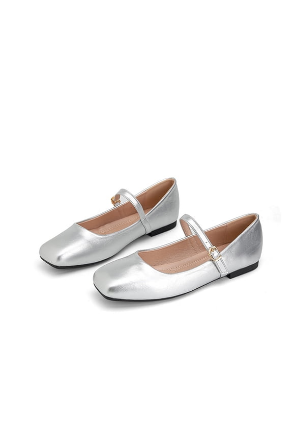 Womens Mary Jane Shoes Spring Dress Casual Low Heels Flats Shoes Slip on Non Slip Wide Closed Toe Ballerina Walking Shoes (Silver)