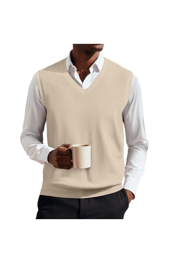 Men's Wool Blended Vest Sweater V-Neck Knitted Pullover Top Casual Sleeveless Sweatshirt Lightweight Spring and Fall Sweater Vest Beige S
