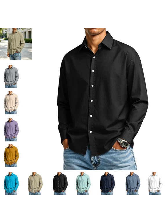 Mens Dress Shirts Casual Lapel Collar Versatile Comfy Long Sleeve Work Shirt Fashion Solid Color Button Down Tops