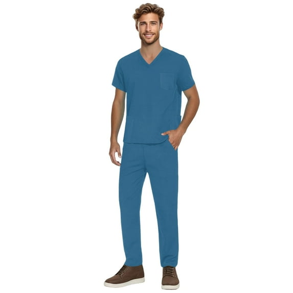 YOUYEDIAN Mens Scrubs Set Stretch Medical Uniform Vneck Short Sleeve Scrub Top & Jogger Pants with Pockets Soft Scrubs Sets Blue XXL