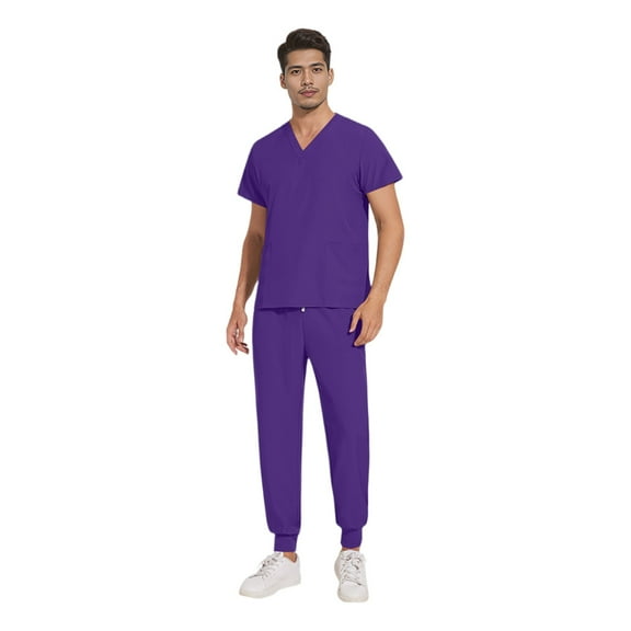 YOUYEDIAN Mens Scrubs Set Stretch Nurse Uniform V-Neck Short Sleeve Scrub & Yoga Jogger with Pockets Soft Hosptial Workwear Purple XL