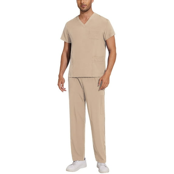YOUYEDIAN Mens Scrubs Set Stretchy Nurse Uniform V-Neck Short Sleeve Scrubs & Jogger Pants with Pocket Classic Fit Scrubs Sets Beige L