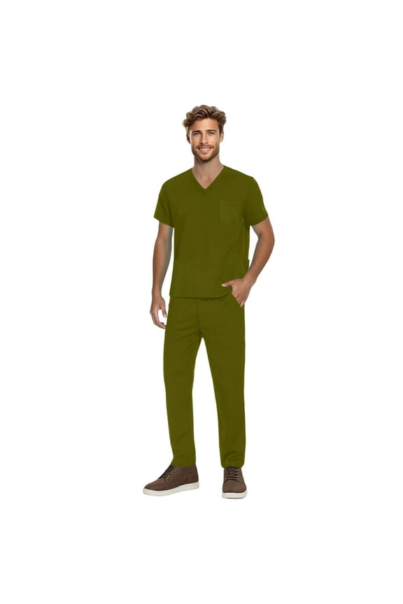 Mens Scrubs Set Stretchy Nurse Uniform Vneck Short Sleeve Scrub & Jogger Pant with Pocket Comfort Fits Scrubs Sets Army Green L