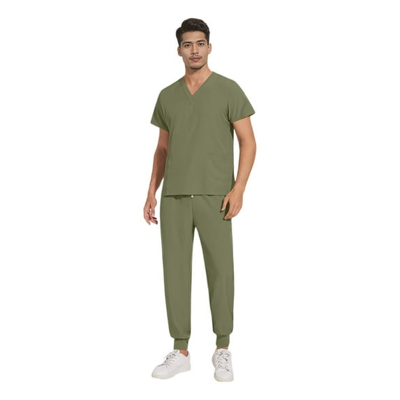 YOUYEDIAN Mens Scrubs Set Stretchy Nurse Uniform Vneck Short Sleeve Scrub & Yoga Jogger with Multi-Pockets Comfort Fits Scrubs Sets Mint Green XL