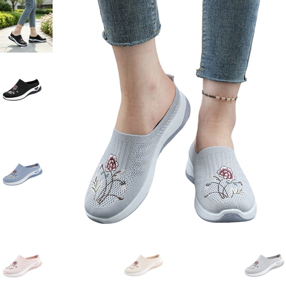 YOUYEDIAN Mules for Women Versatile Round Toe Comfy Fashion Floral Print Flats Casual Backless Sport Soft Walking Shoes