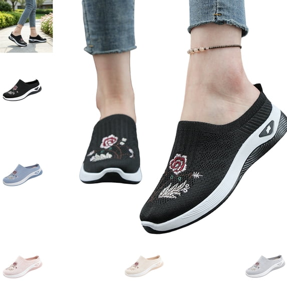 YOUYEDIAN Mules for Women Versatile Round Toe Comfy Fashion Floral Print Flats Casual Backless Sport Soft Walking Shoes