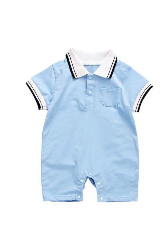 Newborn Baby Boy Collared Onesie Polo Shirt Bodysuit Pique Solid Color Short Sleeve Romper Clothes (Blue, 3-6 Months)
