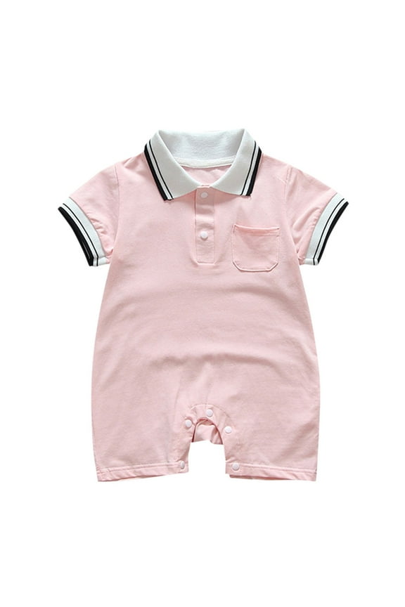 Newborn Baby Boy Collared Onesie Polo Shirt Bodysuit Pique Solid Color Short Sleeve Romper Clothes (Pink, 9-12 Months)