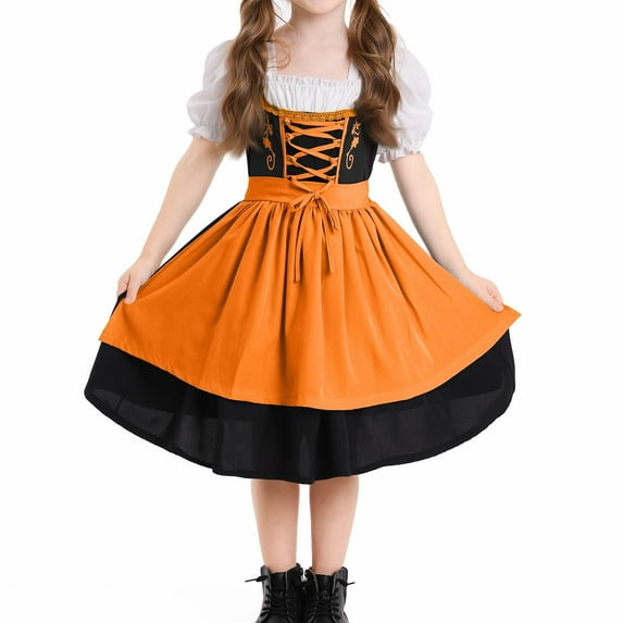 YOUYEDIAN Oktoberfest Outfit for Kids Girls Short Sleece German Fraulein Bavarian Dirndl Dress Trendy Party Princess Dresses Orange 7-8 Years