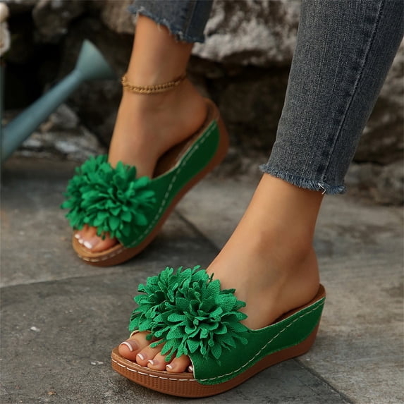 YOUYEDIAN Orthopedic Casual Sandals for Women Slip on Non Slip Arch Support Flat Wedge Sandals Wide Width Orthopedic Slippers 2026 Comfort Orthopedic Shoes (Green)