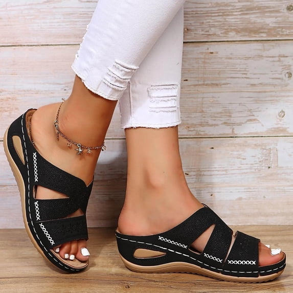 YOUYEDIAN Orthopedic Casual Sandals for Women Slip on Non Slip Arch Support Summer Flat Sandals Wide Width Sneakers 2026 New Comfort Foam Shoes (Black)