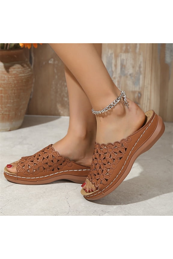 Orthopedic Casual Sandals for Women Arch Support Flat Wedge Sandals Wide Non Slip Slip on Walking Shoes Comfort 2026 Foam Shoes (Brown)