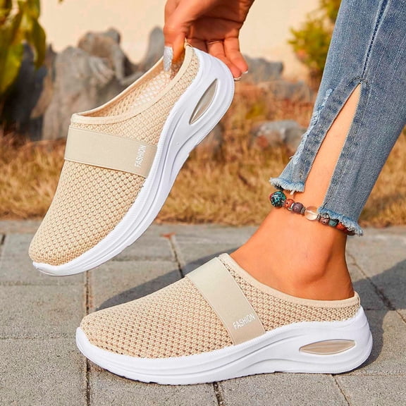 YOUYEDIAN Orthopedic Casual Shoes for Women Arch Support Non Slip Slip on Nurse Shoes Lightweight Mesh Stretch House Shoes Soft 2026 New Orthopedic Shoes (Beige)
