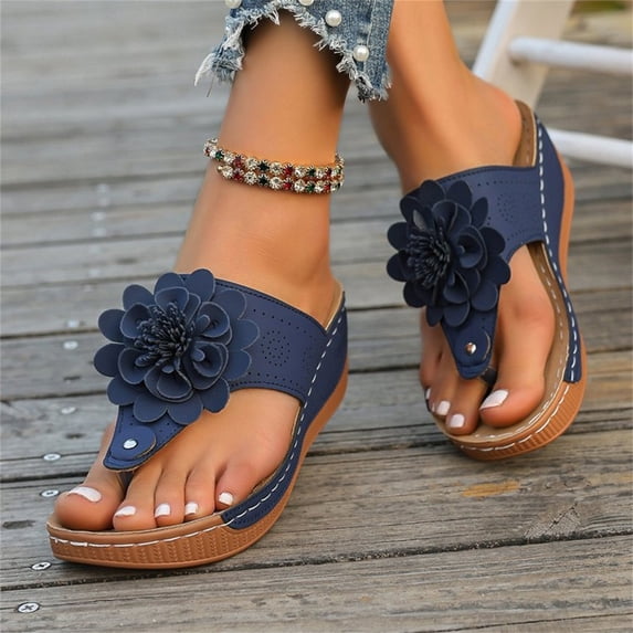 YOUYEDIAN Orthopedic Sandals for Women Arch Support Flat Wedge Sandals Breathable Slip on Non Slip Walking Shoes Comfort 2026 New Orthopedic Shoes (Dark Blue)