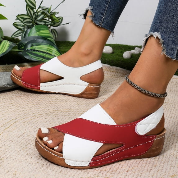 YOUYEDIAN Orthopedic Sandals for Women Slip on Non Slip Arch Support Flat Wedge Sandals Breathable Work Shoes 2026 Soft Foam Shoes (Red)