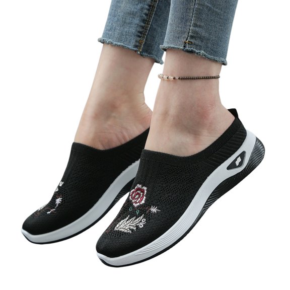 YOUYEDIAN Orthopedic Shoes for Women Arch Support Nurse Shoes Wide Width Non Slip Slip on Server Shoes Knitted Mesh Stretch Comfort 2026 Orthopedic Shoes (Black)