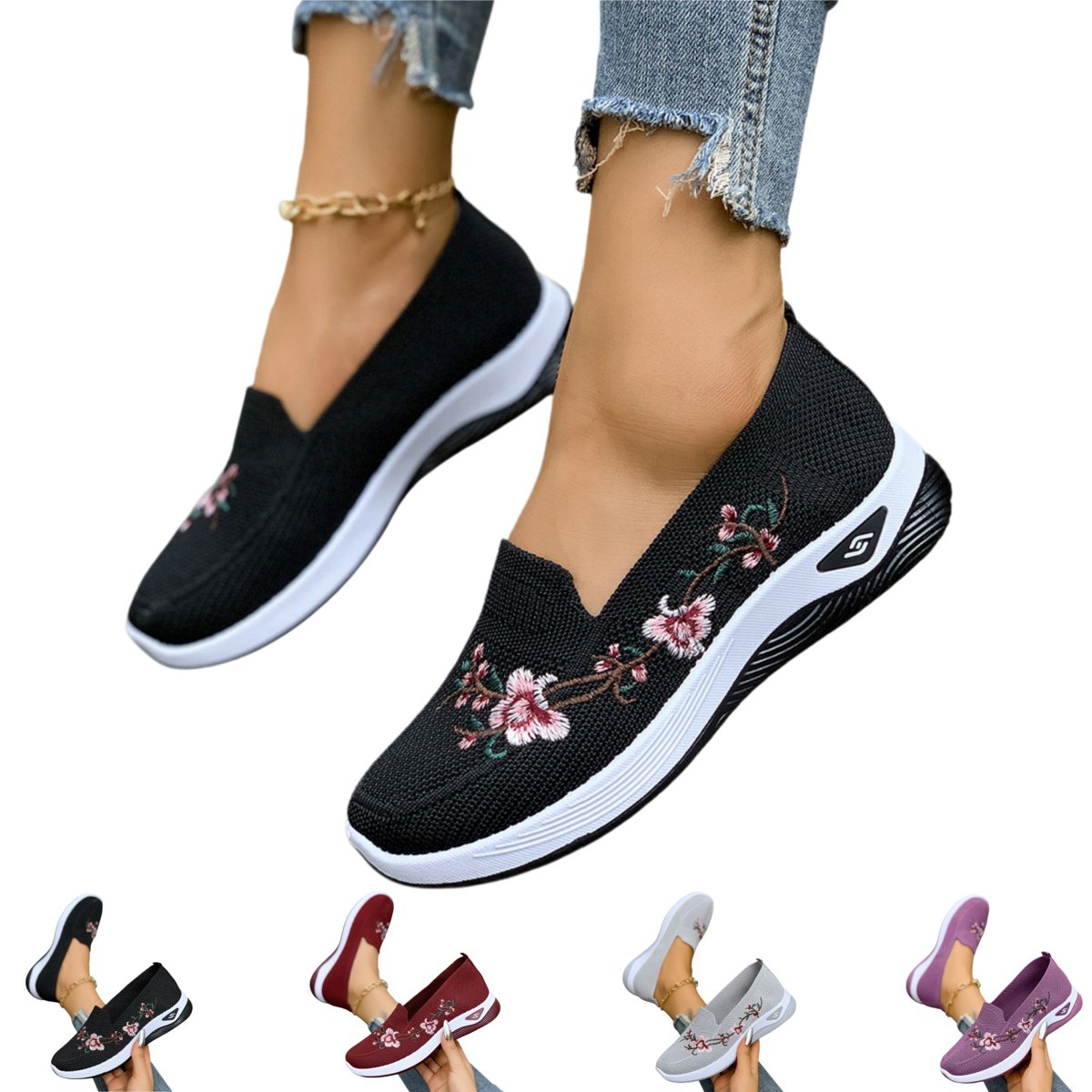 Orthopedic Shoes for Women Arch Support Sneakers Breathable Non Slip Slip on Walking Shoes Knitted Mesh Stretch Comfort Foam Shoes