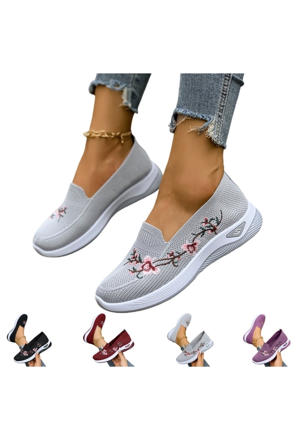 Orthopedic Shoes for Women Arch Support Sneakers Breathable Non Slip Slip on Walking Shoes Knitted Mesh Stretch Comfort 2026 Foam Shoes (Gray)