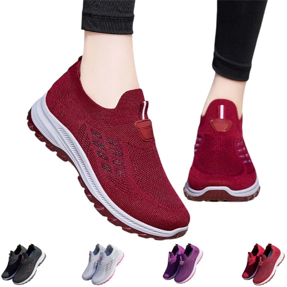 YOUYEDIAN Orthopedic Shoes for Women Breathable Walking Sneakers Slip on Trainers Ladies Comfortable Casual Athletic Shoe Thick Bottom (Red, 7 Wide)