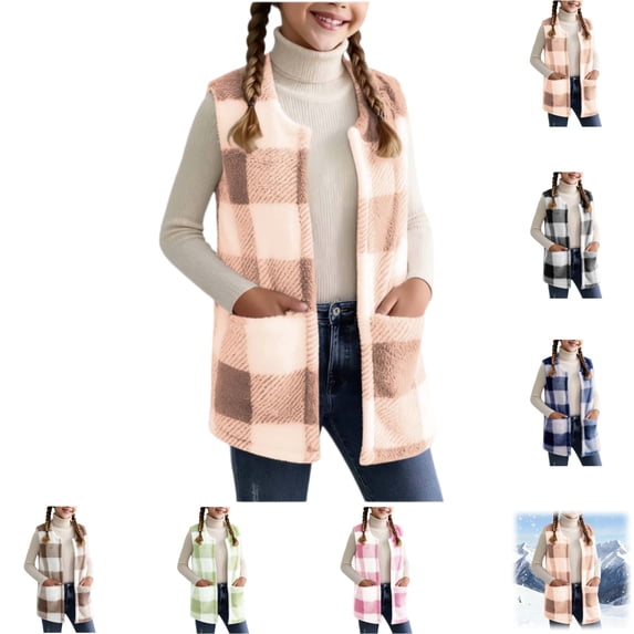 YOUYEDIAN Plaid Fleece Vest for Girls Casual Warm Fuzzy Sleeveless Jacket Fashion Fluffy Outerwear
