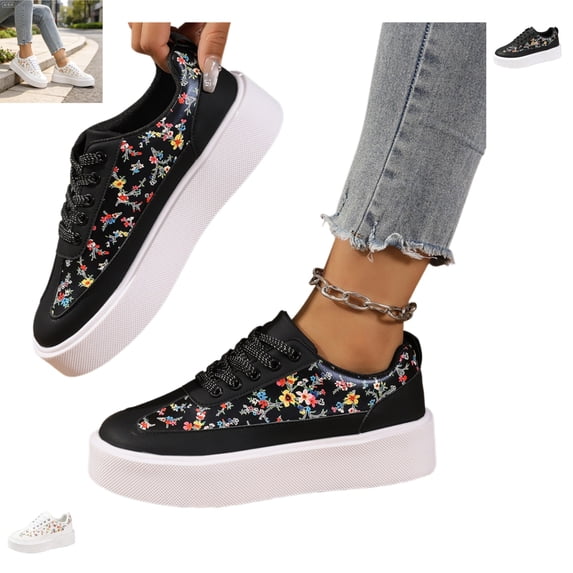 YOUYEDIAN Platform Shoes for Women Versatile Round Toe Comfy Fashion Floral Print Slip On Flats Casual Outdoor Walking Shoes for Spring