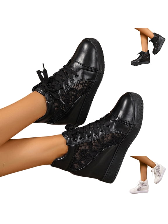 Platform Sneakers for Women Lace Crochet Lace Up Chunky Bottom High Heels High Top Canvas Shoes Loafers (Black)
