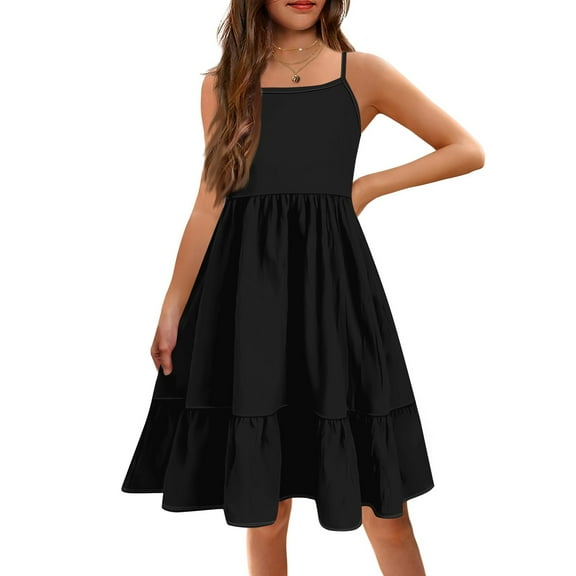 YOUYEDIAN Plus Size Spring Dresses for Girls Toddler Girl Patchwork Dress Spaghetti Straps a Line Dress 2025 Summer Plain Sundresses Cami Dresses,Black 10-11 Years