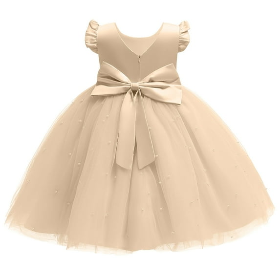 YOUYEDIAN Plus Size Spring Dresses for Teens Formal Ruffle Sleeve Flower Girl Dresses for Wedding Tulle Satin Dress Crew Neck Princess Dress Up for Girls 4-6 Party Birthday Dress,Khaki 7-8 Years