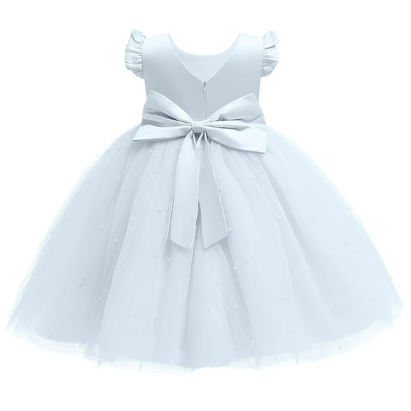 YOUYEDIAN Plus Size Spring Girls' Dresses Formal Ruffle Sleeve Flower Girl Dresses for Wedding Tulle Satin Dress Crew Neck Princess Dress Up for Girls 4-6 Elegant Birthday Dress,Sky Blue 5-6 Years