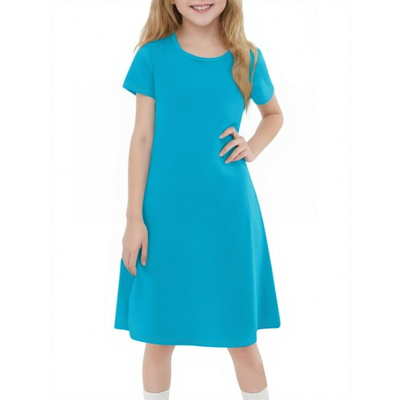 YOUYEDIAN Plus Size Spring Girls Dresses Size 10-12 2025 Summer Casual Dress Short Sleeve Plain T Shirt Dress Crew Neck Midi Dress,Blue 9-10 Years