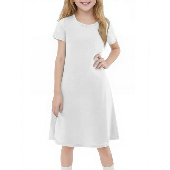 YOUYEDIAN Plus Size Spring Girls Dresses Size 10-12 2025 Summer Casual Dresses Short Sleeve Plain Tshirt Dress Crewneck a Line Dress,White 3-4 Years