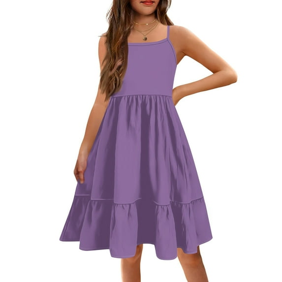 YOUYEDIAN Plus Size Spring Toddler Dress Little Girls Patchwork Dress Spaghetti Straps Sundresses 2025 Summer Plain Midi Dress Cami Dresses,Purple 12-13 Years