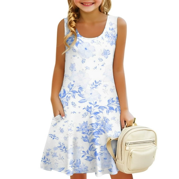 YOUYEDIAN Plus Size Summer Teen Dresses 2025 Spring Casual Dresses Sleeveless Midi Dress Floral Graphic Scoop Neck Sun Dresses Beach Dress,Purple 10-12 Years