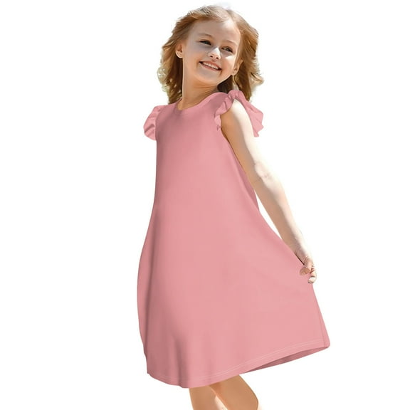 YOUYEDIAN Plus Size Toddler Dress Ruffle Sleeve a Line Dresses Crew Neck Plain Sundress 2025 Summer Vacation Dress Casual Dresses,Pink 11-12 Years