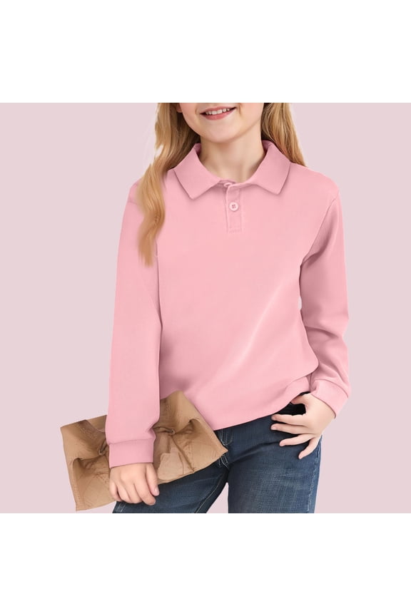 Polo Shirts for Girls Preppy Long Sleeve School Uniform T Shirts Casual Lapel Top (Pink, 3-4 Years)