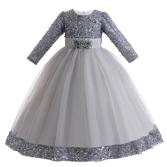 YOUYEDIAN Princess Lace Long Sleeve Lilac Irregular Girls Pageant Dresses Kids Prom Puffy Tulle Ball Gown Girl Dress For Party Gray 11-12 Years