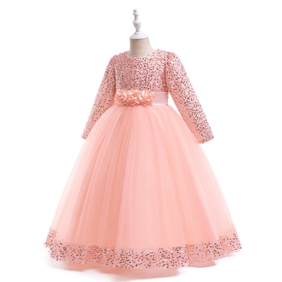 YOUYEDIAN Princess Lace Long Sleeve Lilac Irregular Girls Pageant Dresses Kids Prom Puffy Tulle Ball Gown Girl Dress For Party Pink 8-9 Years