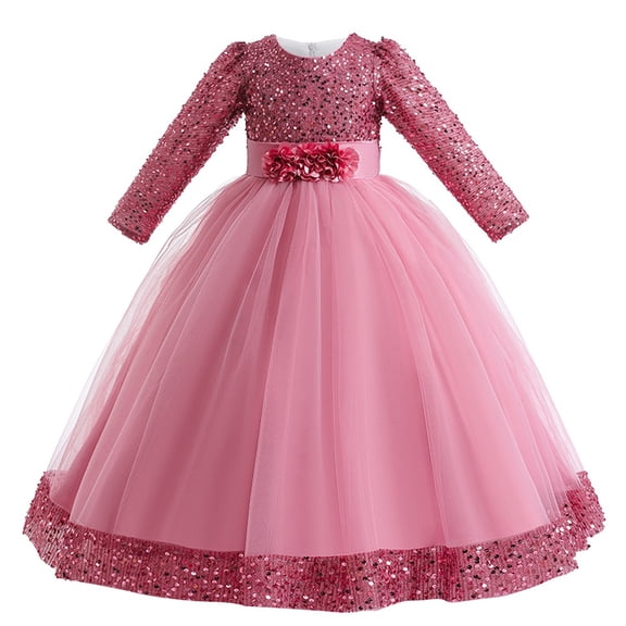 YOUYEDIAN Princess Lace Long Sleeve Lilac Irregular Girls Pageant Dresses Kids Prom Puffy Tulle Ball Gown Girl Dress For Party Watermelon Red 9-10 Years