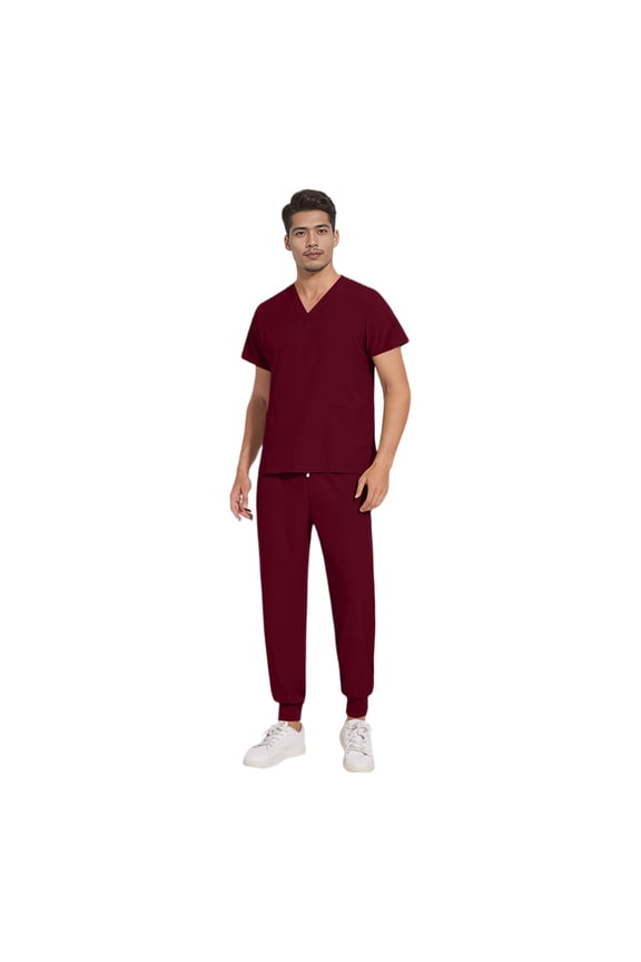 Red Scrubs for Men Set Stretchy Nursing Uniform Vneck Short Sleeve Scrub Top & Jogger Pant with Pockets Soft Scrubs Sets Wine L