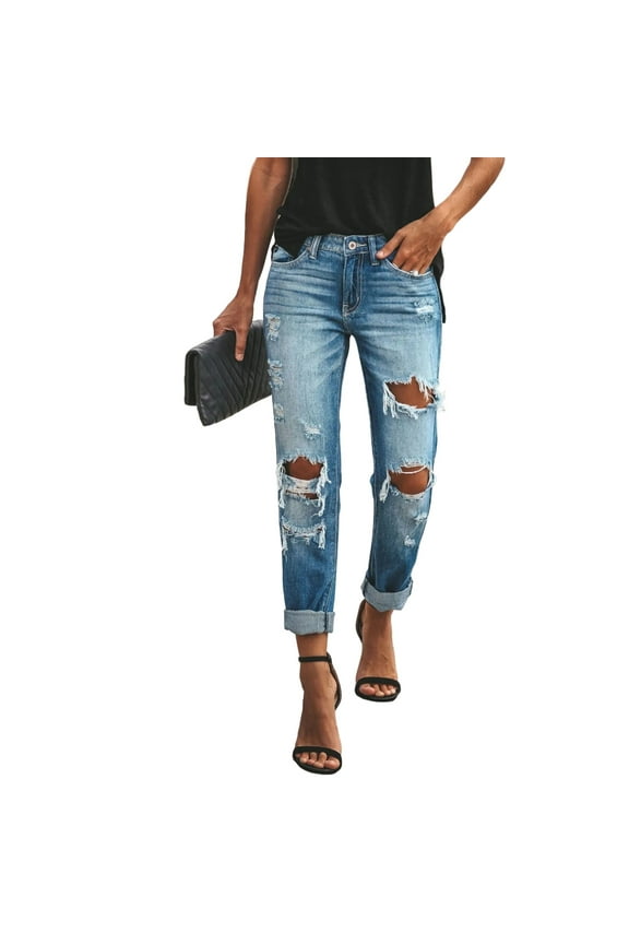 Ripped Jeans for Women Vintage Casual Straight Denim Pants Versatile Comfy Trousers (Blue, L)