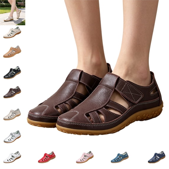 YOUYEDIAN Sandals for Women Fashion Breathable Cut-Out Versatile Round Toe Hook-and-Loop Flats Casual Non Slip Walking Shoes